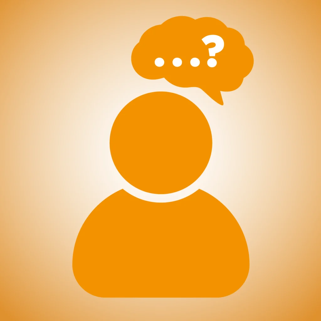 Orange graphic icon showing a person with a speech bubble containing dots and a question mark, representing a person living with aphasia and communication challenges.