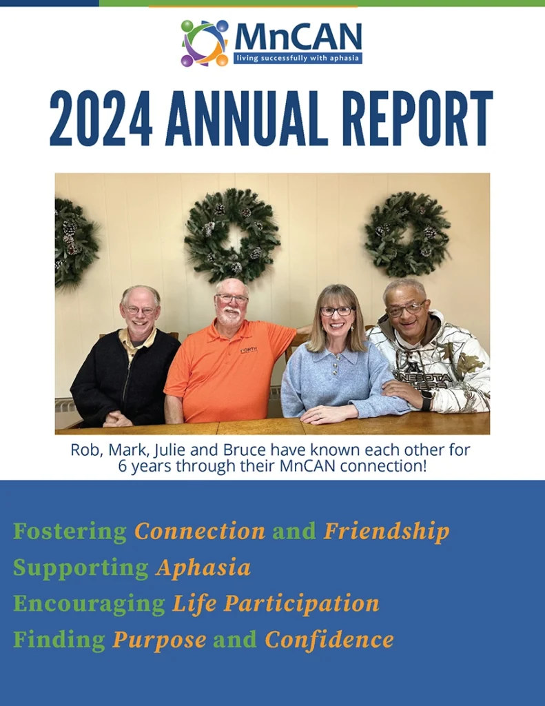 Cover of the MnCAN 2024 Annual Report featuring the MnCAN logo and a group photo of four smiling adults seated together beneath holiday wreaths. The caption reads, “Rob, Mark, Julie and Bruce have known each other for 6 years through their MnCAN connection!” A blue panel at the bottom highlights the organization’s themes: fostering connection and friendship, supporting aphasia, encouraging life participation, and finding purpose and confidence.