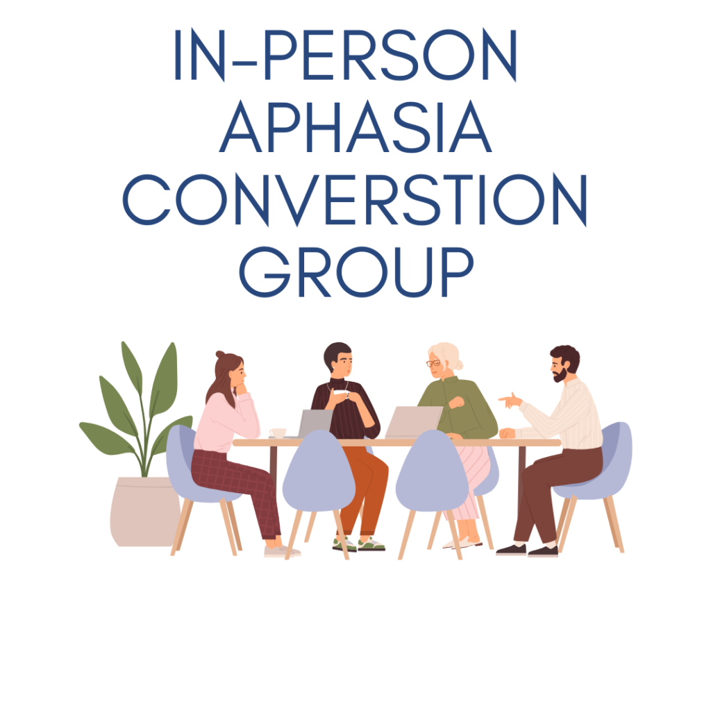 Graphic with the title “In-Person Aphasia Conversation Group” in large blue text above an illustration of four people seated around a table having a discussion. The scene includes chairs, coffee cups, a laptop, and a potted plant on a light background.