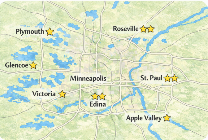 Map of the Minneapolis–St. Paul metro area showing locations of MnCAN groups with yellow star markers. Single stars appear in Plymouth, Glencoe, Victoria, and Apple Valley. Double stars appear in Roseville, St. Paul, and Edina.