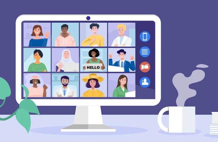 Illustration of a virtual video meeting displayed on a desktop computer screen. The screen shows a grid of diverse people participating in an online call, with video call icons along the side. A steaming coffee mug and a plant sit beside the computer on a desk against a purple background.