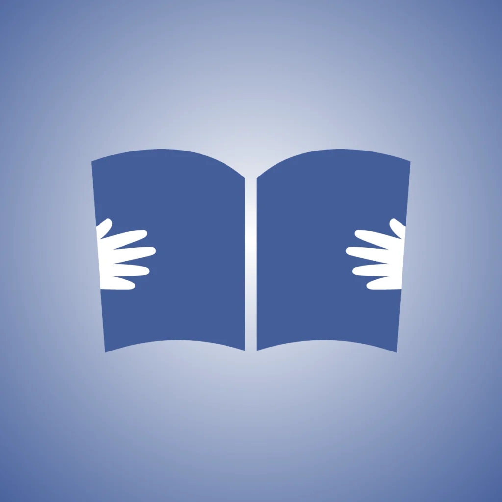 Simple blue open-book icon with white hands holding each side, displayed on a soft blue gradient background.