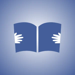 Simple blue open-book icon with white hands holding each side, displayed on a soft blue gradient background.