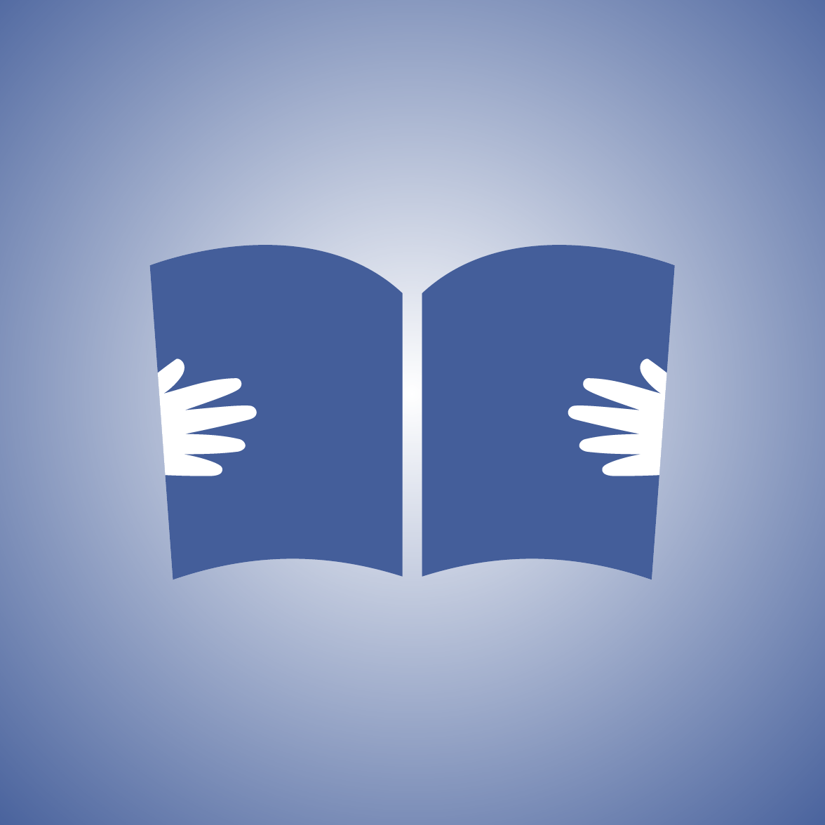 Simple blue open-book icon with white hands holding each side, displayed on a soft blue gradient background.
