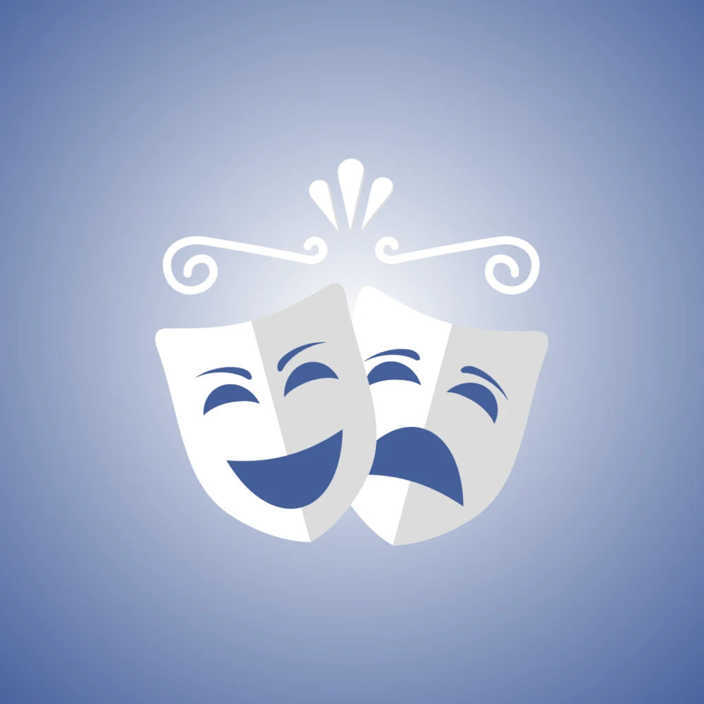 White theater masks icon showing one smiling face and one sad face on a soft blue gradient background.