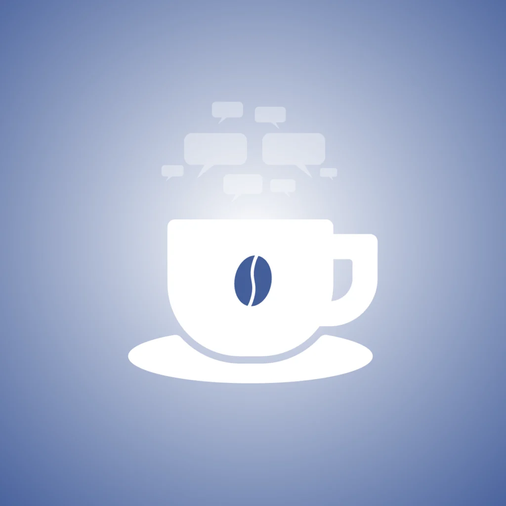 White coffee cup icon with a coffee bean symbol and floating speech bubbles above it, displayed on a soft blue gradient background.