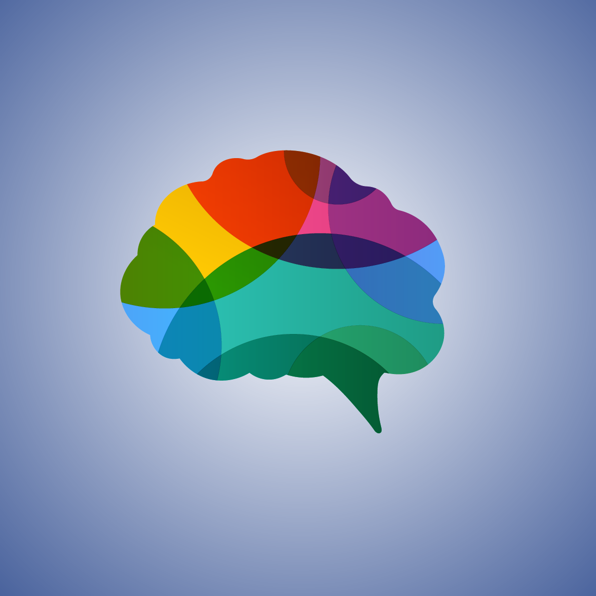 Colorful abstract brain illustration centered on a soft blue gradient background. The brain is made of overlapping curved shapes in bright colors including blue, green, yellow, orange, pink, and purple, symbolizing communication, cognition, creativity, and brain health.