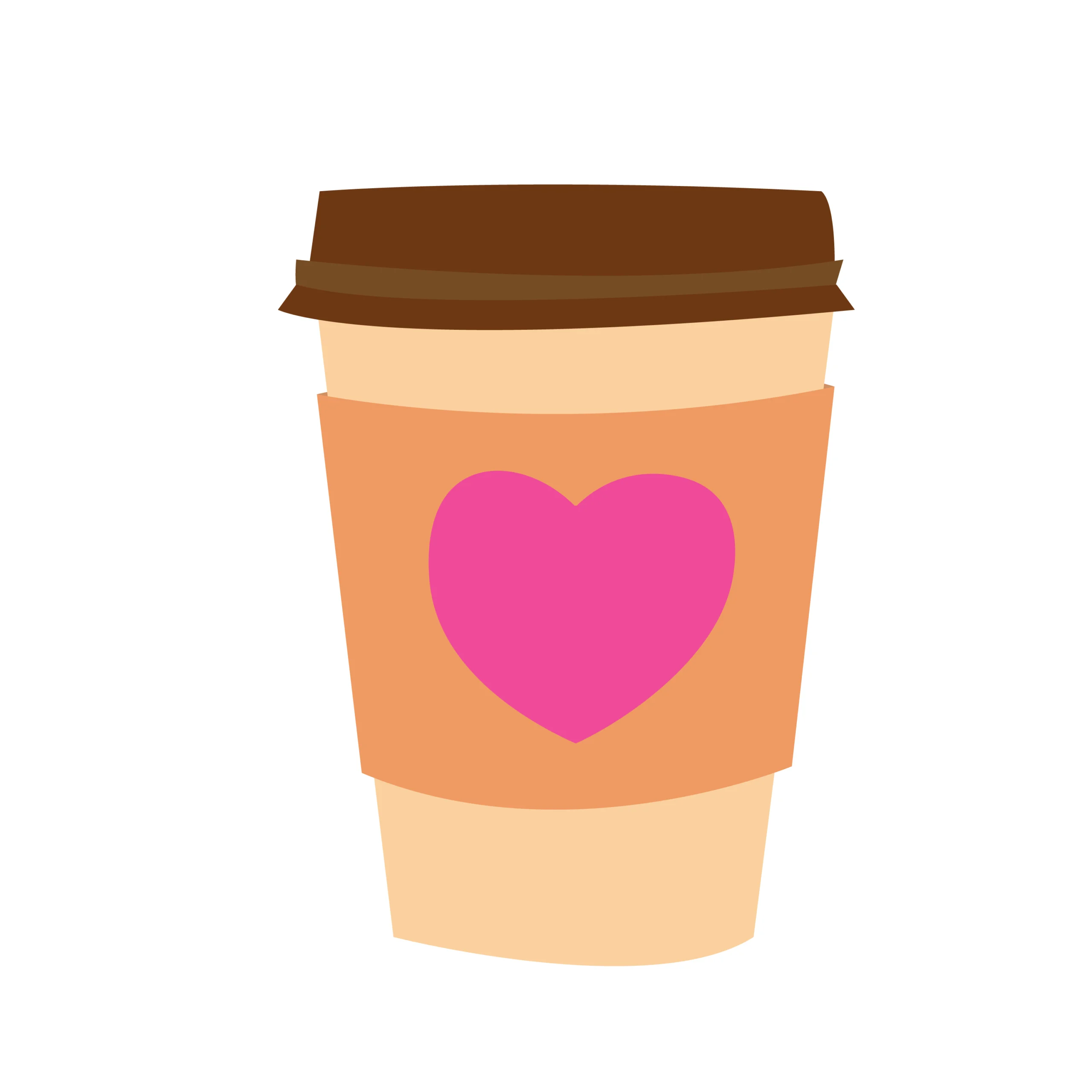Simple illustration of a beige takeaway coffee cup with a brown lid and a tan sleeve featuring a large pink heart in the center.